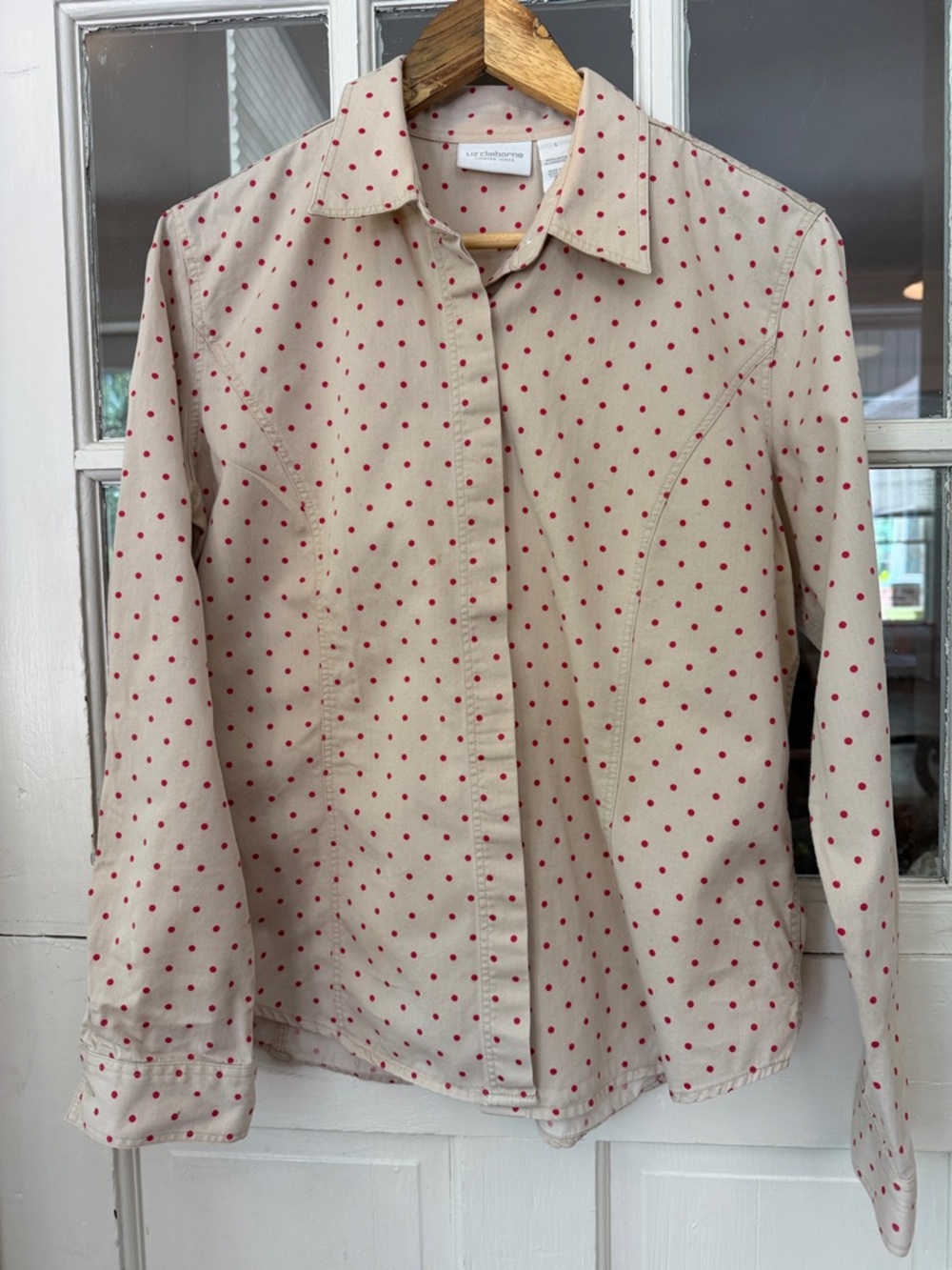 Liz Claiborne Beige Shirt with Red Polka Dots 100% Cotton